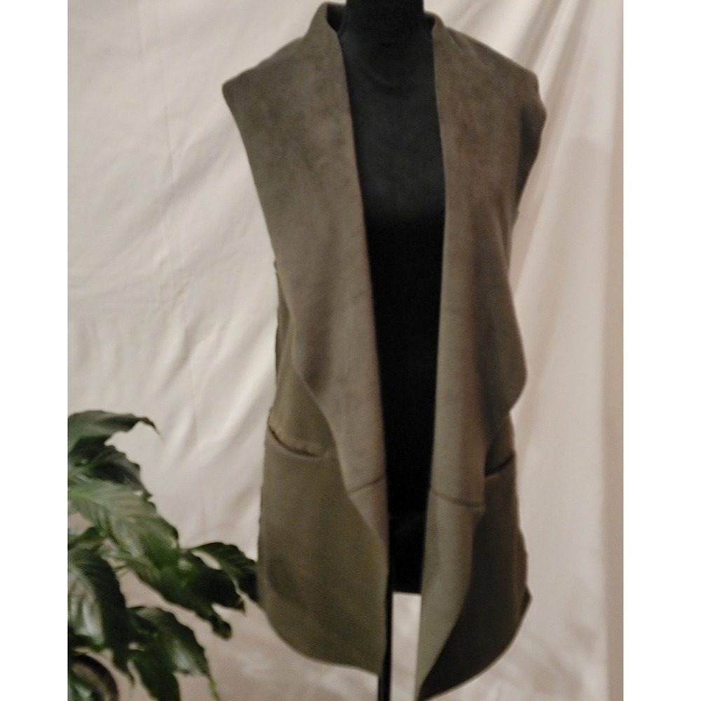 Soft Surroundings Olive Green Faux Suede Waterfall Drape‎ Front Vest XS